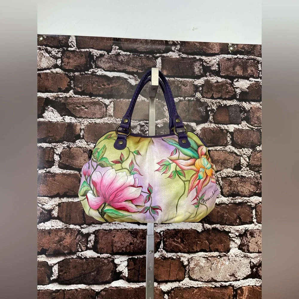 ANUSCHKA Hobo Bag Hand Painted Leather Purse Birds Tropical Flowers - Picture 15 of 15